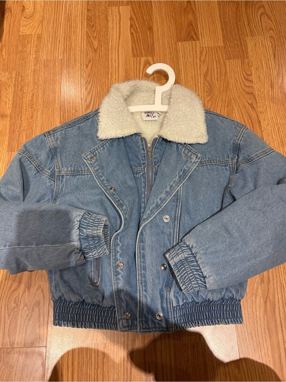 Princess Polly Light Blue Denim Bomber Jacket with White Sherpa Collar